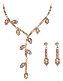 Fashion Gold Geometric Diamond Drop Earrings Necklace Set