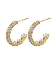 Fashion 1 Pair Of Gold C-shaped Earrings In Copper With Zirconium And Pearls