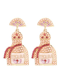 Fashion Pink Rice Beads Alloy Diamond Wine Bottle Stud Earrings
