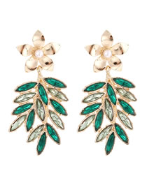 Fashion Green Alloy Diamond Leaf Flower Stud Earrings