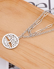 Fashion Silver Titanium Steel Hollow Tree Of Life Double Layer Necklace