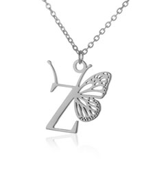 Fashion Platinum Z Stainless Steel Hollow Butterfly 26 Letter Necklace
