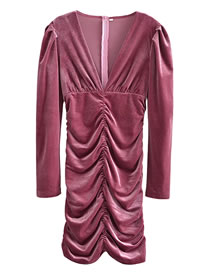 Fashion Pink Velvet V-neck Pleated Dress