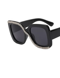 Fashion Bright Black All Grey Pc Diamond Large Square Frame Sunglasses