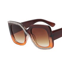 Fashion Upper Tea And Lower Orange Double Tea Pc Diamond Large Square Frame Sunglasses
