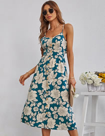 Fashion Blue Printed Single-breasted Slip Dress