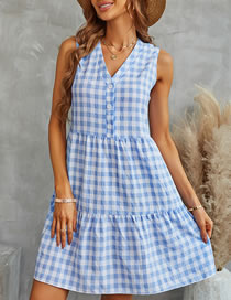 Fashion Blue V-neck Check Sleeveless Dress