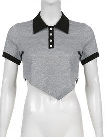 Fashion Grey Contrast Lapel Buttoned Irregular Short Sleeves