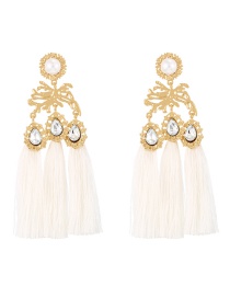 Fashion White Alloy Diamond Pearl Waterdrop Tassel Stud Earrings