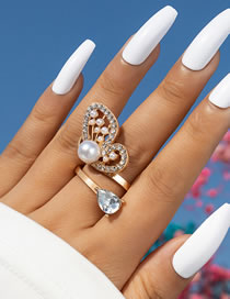 Fashion Gold Alloy Diamond And Pearl Butterfly Open Ring