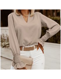 Fashion Khaki Solid Color V-neck Long Sleeve Shirt