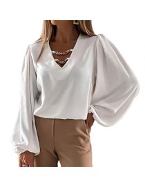 Fashion White Solid Color V-neck Long Sleeve Shirt