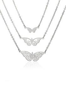 Fashion Platinum Titanium Steel Cutout Butterfly Layered Necklace