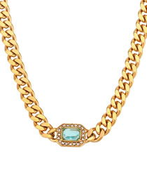 Fashion Necklace - Lake Blue Stainless Steel Set Square Zirconium Cuban Chain Necklace