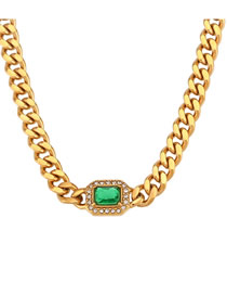 Fashion Necklace - Green Diamond Stainless Steel Set Square Zirconium Cuban Chain Necklace