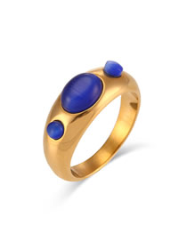 Fashion Royal Blue Opal Stainless Steel Cat Eye Geometric Ring