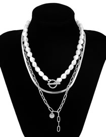 Fashion Silver Alloy Pearl Beaded Snake Bone Chain Ot Buckle Multilayer Necklace