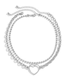 Fashion Silver Alloy Diamond Claw Chain Hollow Heart Double Layer Necklace