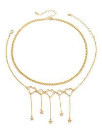 Fashion Gold Alloy Pentagram Tassel Love Double Layer Necklace