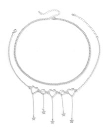 Fashion Silver Alloy Pentagram Tassel Love Double Layer Necklace
