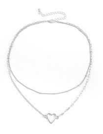 Fashion Silver Alloy Chain Hollow Heart Double Layer Necklace