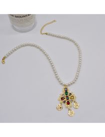 Fashion White Metal Diamond Tassel Pearl Beaded Necklace