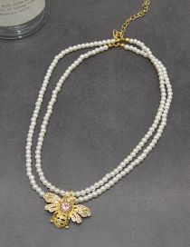 Fashion Gold Pearl Beads And Diamonds Bee Double Layer Necklace