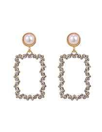 Fashion White Alloy Diamond Hollow Rectangular Stud Earrings