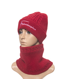Fashion Red Two-piece Woolen Hat With Fleece Knitted Bib