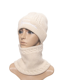 Fashion Beige Two-piece Woolen Hat With Fleece Knitted Bib