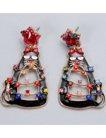 Fashion Red Color Christmas Cat Diamond Earrings