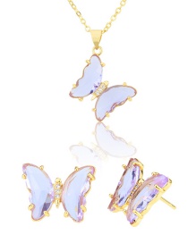 Fashion Water Blue Gold-plated Insect Transparent Butterfly Necklace And Earring Set