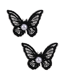 Fashion Black Fabric Lace Pearl Butterfly Earrings