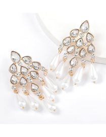 Fashion White Geometric Alloy Diamond And Acrylic Imitation Pearl Tassel Earrings
