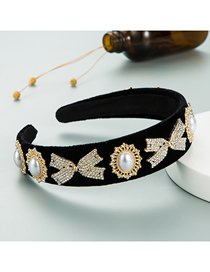 Fashion Black Gold Velvet Cloth Rhinestone Bow Pearl Headband