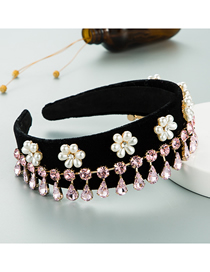 Fashion Pink Gold Velvet Diamond Tassel Pearl Flower Headband