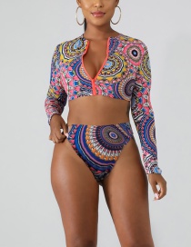 Fashion Picture Color 4 Long Sleeve High Waist Printed Zip Split Swimsuit