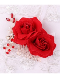 Fashion Red Rose Flower Hand-woven Crystal Pearl Comb