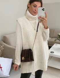 Fashion Creamy-white Turtleneck Thick Wool Knitted Vest