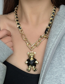 Fashion Gold Color Thick Chain Leather Stitching Bear Pendant Necklace