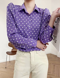 Fashion Purple Puff Sleeve Polka Dot Print Single-breasted Shirt