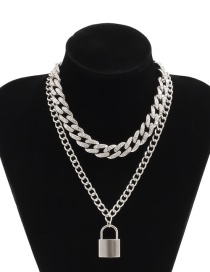 Fashion White K Diamond Cuban Chain Lock Shaped Alloy Pendant Necklace
