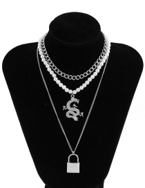 Fashion White K Chain Imitation Pearl And Diamond Dragon Pendant Multi-layer Necklace