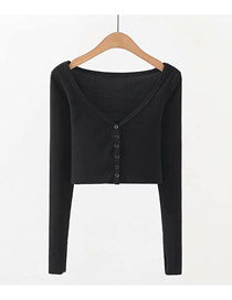 Fashion Black Solid Color Frayed Cardigan V-neck Single-breasted Long-sleeved T-shirt
