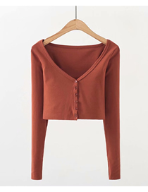 Fashion Orange Solid Color Frayed Cardigan V-neck Single-breasted Long-sleeved T-shirt