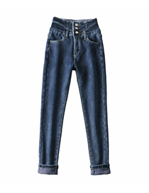 Fashion Gray Blue Thickened Fleece High-waisted Breasted Slim-fit High-stretch Jeans