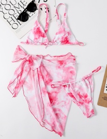 Fashion Pink Tie Dye Three-piece Swimsuit With Mesh And Leopard Print Bow