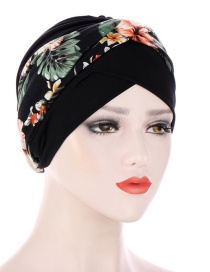Fashion Black+flowers Printed Contrast Color Knotted Turban Hat