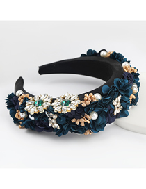 Fashion Dark Blue Sponge Fabric Diamond-studded Pearl Wide-brim Flower Headband