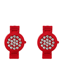 Fashion Red Alloy Diamond Watch Shape Stud Earrings